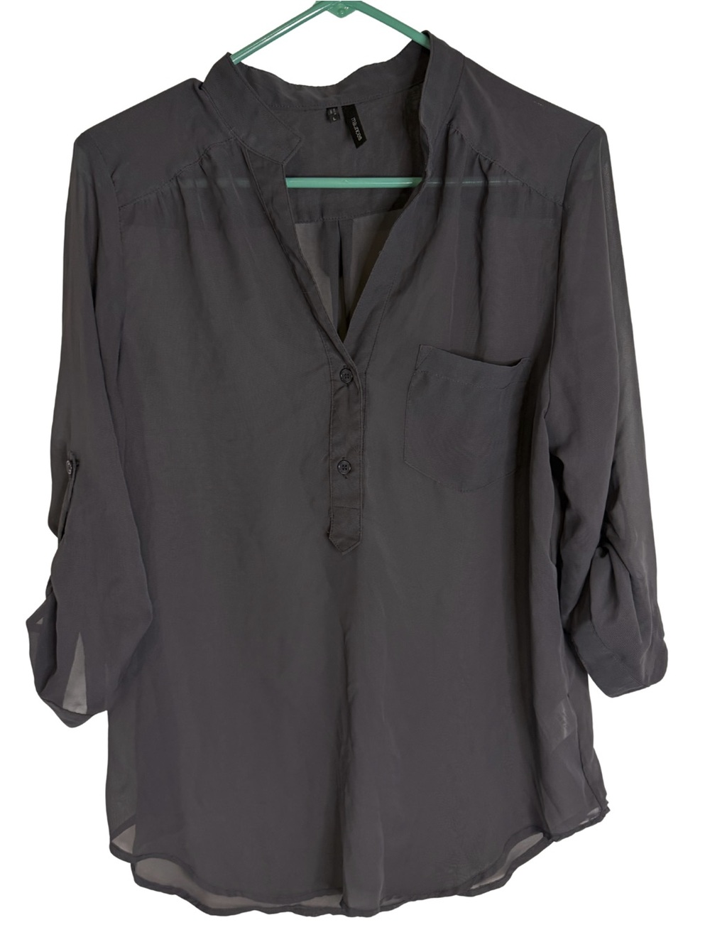 3/$20 Maurices Dark Gray V-Neck 3/4 Roll-Sleeve Sheer Blouse